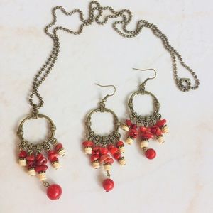 Handmade coral/shell bronze necklace and earrings